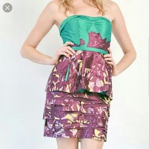 BCBGMaxAzria watercolor strapless peplum dress